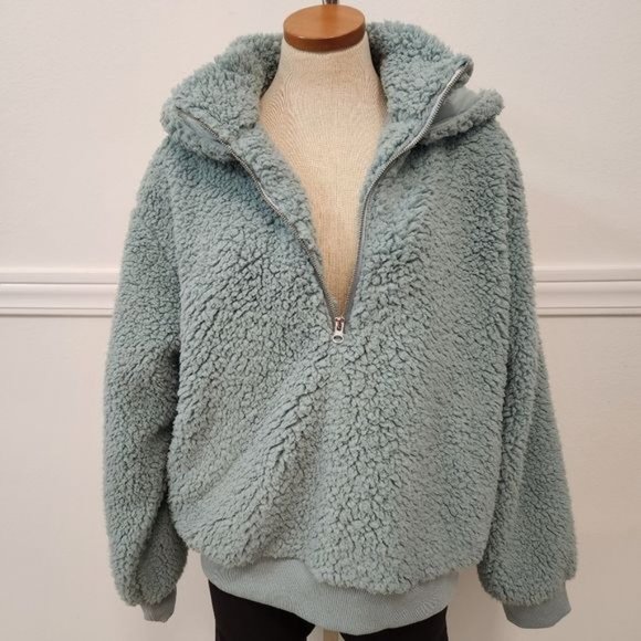 Victoria's Secret Womens Green Sherpa Half-Zip Hoodie Pullover - Picture 3 of 12